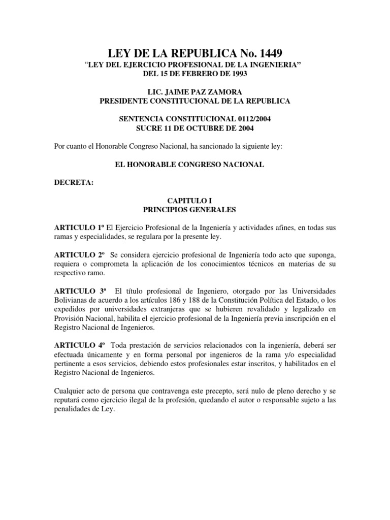 Ley 1449 Ejercicio Profesional Ingenieria PDF Ingeniería Regulación