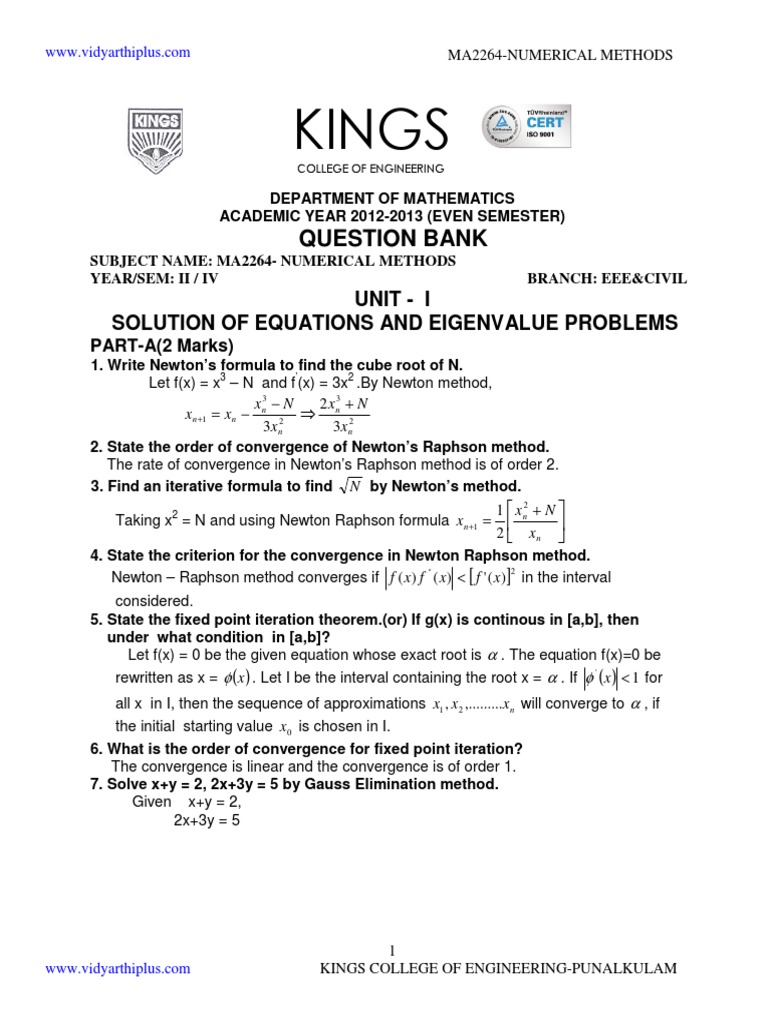 Numerical Methods Question Bank | PDF | Eigenvalues And Eigenvectors ...