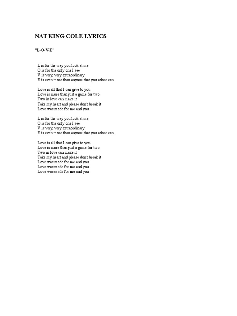 Nat King Cole Lyrics Pdf