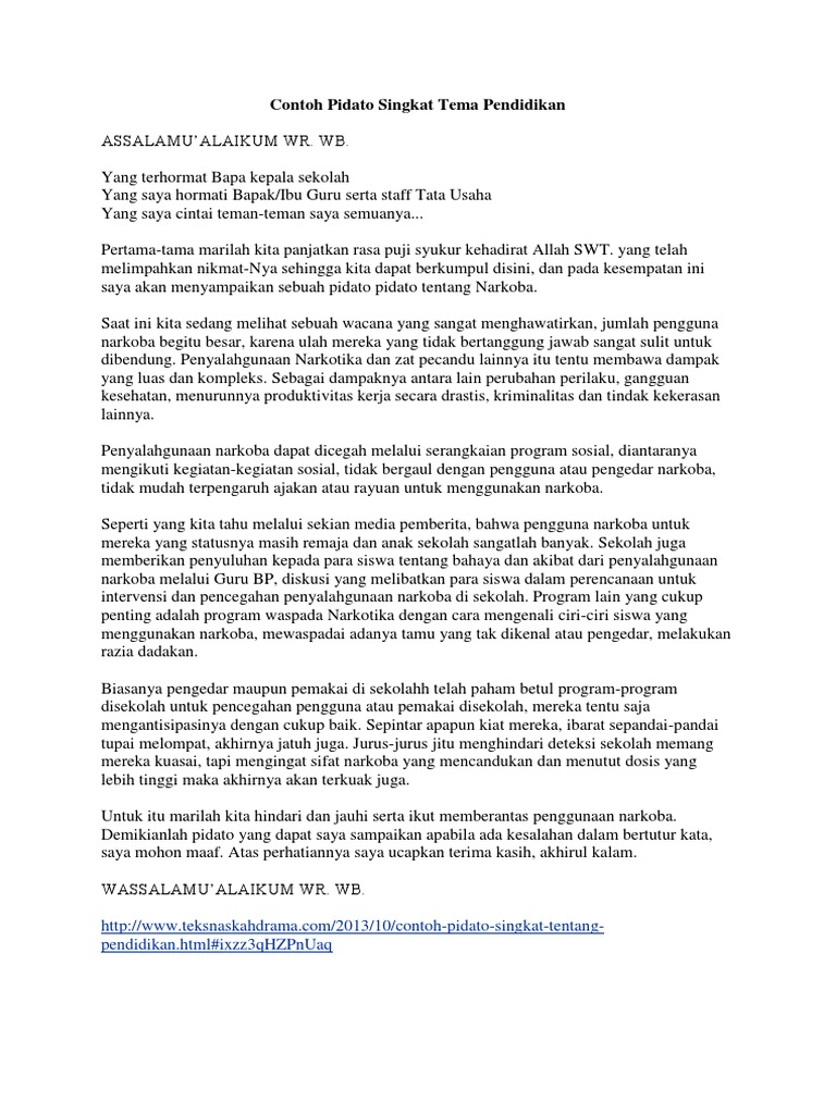 Contoh Pidato Singkat Tema Pendidikan