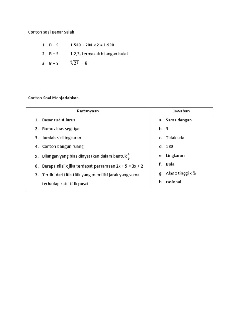 Contoh Soal Benar Salah Sd Terbaru 2019