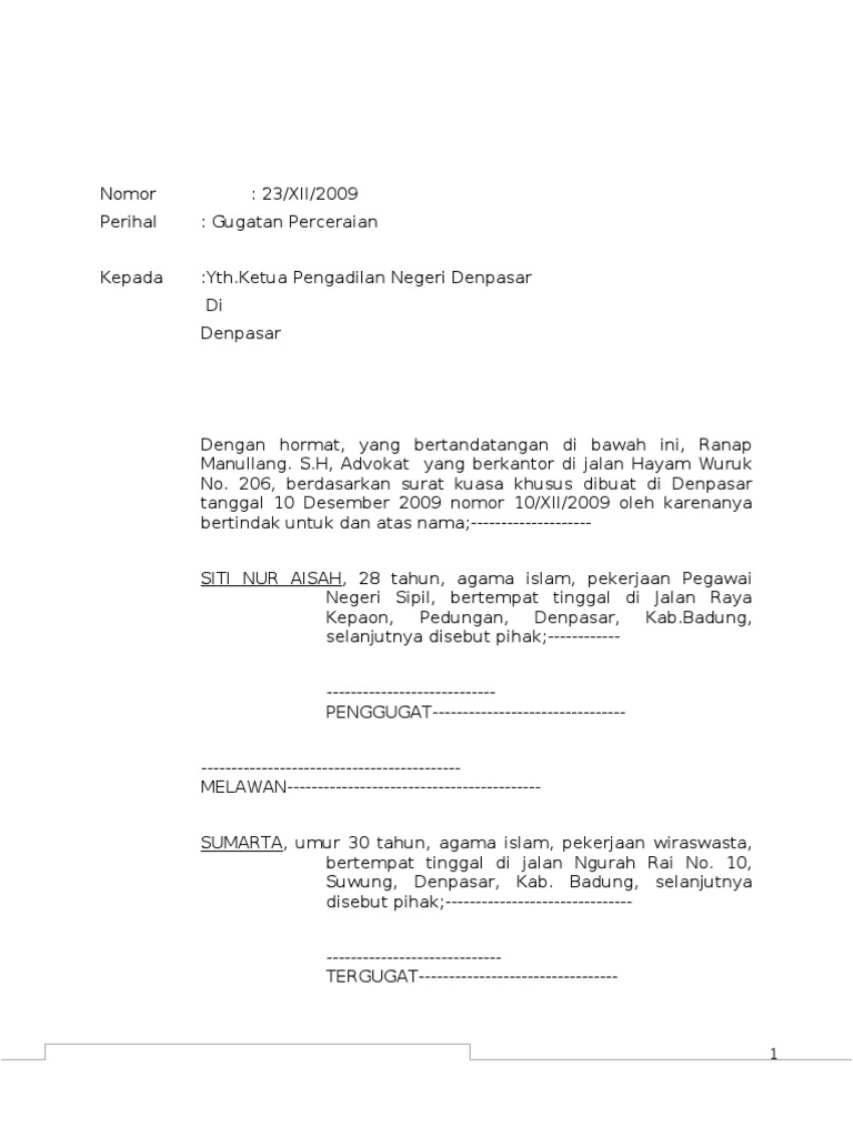 Contoh Gugatan Perceraian Contoh Gugatan Perceraian