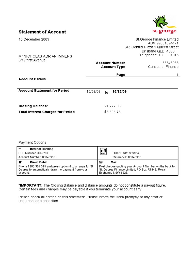 St. George Account Statement Summary | PDF | Debits And Credits | Payments