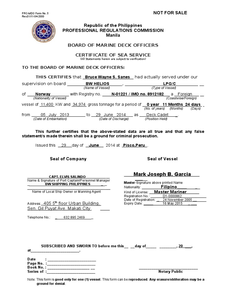 Certificate of Sea Service for Deck Cadet | PDF | Water Transport | Ships