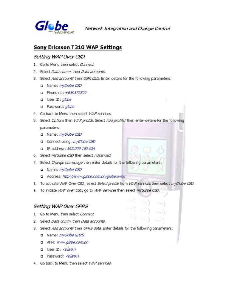 Sony Ericsson T310 CSD GPRS MMS PC Settings | General Packet Radio Service  | Modem
