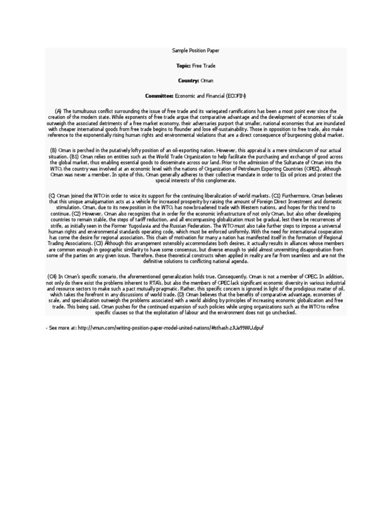 Sample Position Paper Free Trade Opec