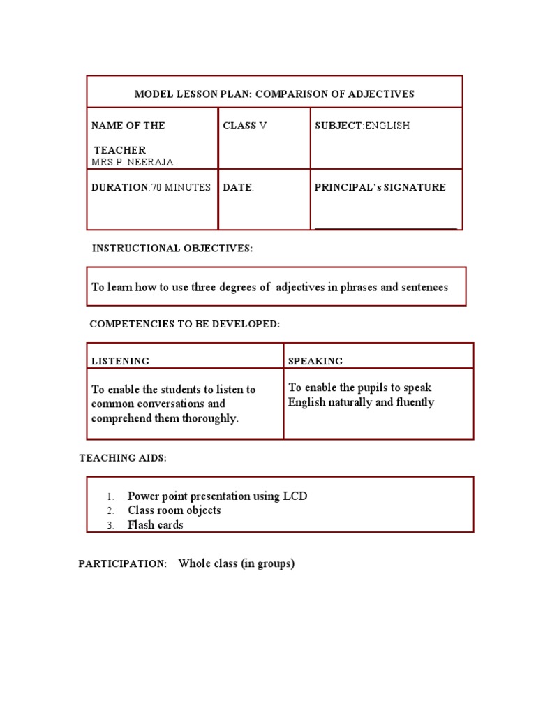 Model Lesson Plan | Download Free PDF | Adjective | Lesson Plan