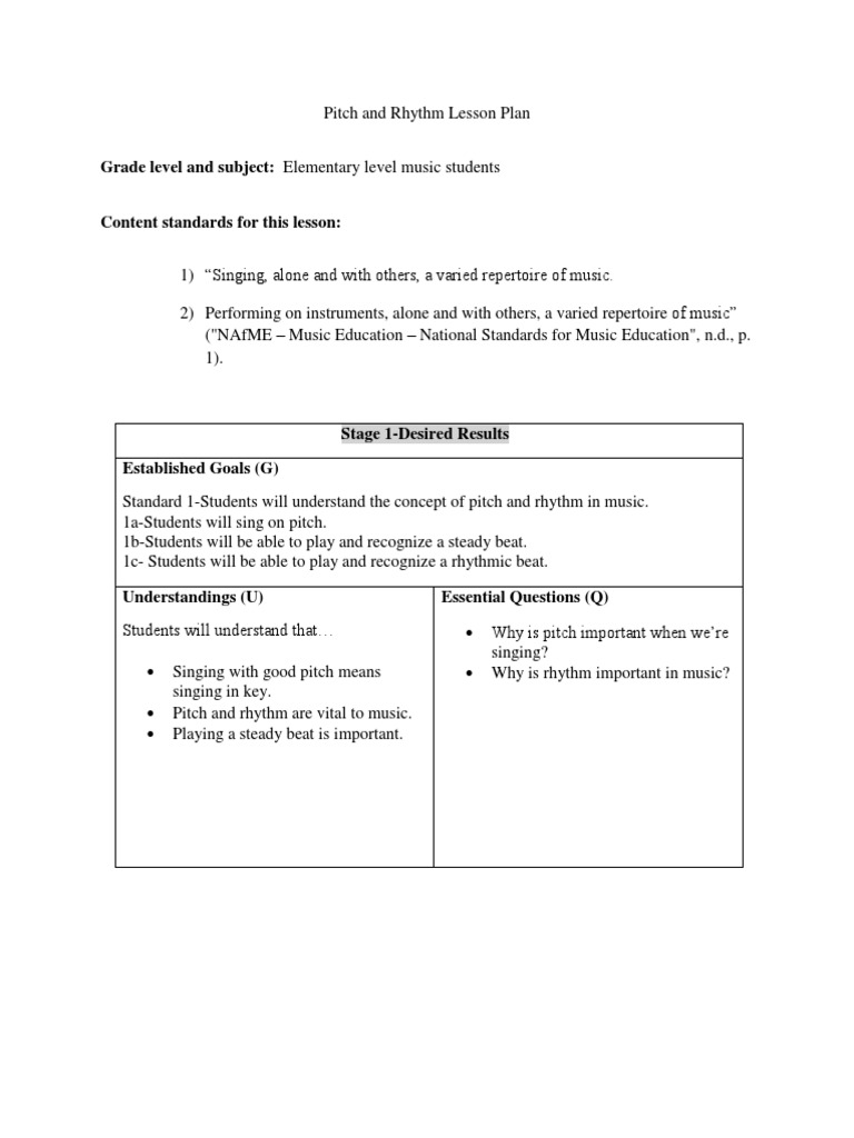 Pitch Rhythm Lesson Plan Singing Music Education