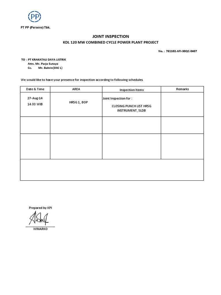 Joint Inspection: KDL 120 MW Combined Cycle Power Plant Project | PDF