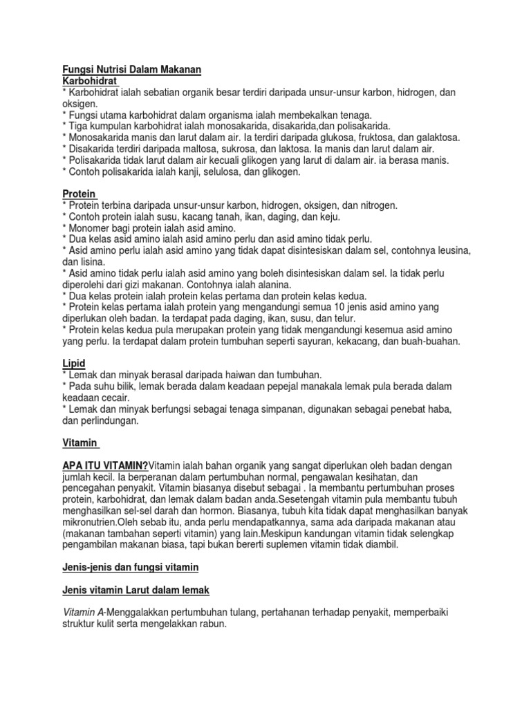 Fungsi Nutrisi Dalam Makanan
