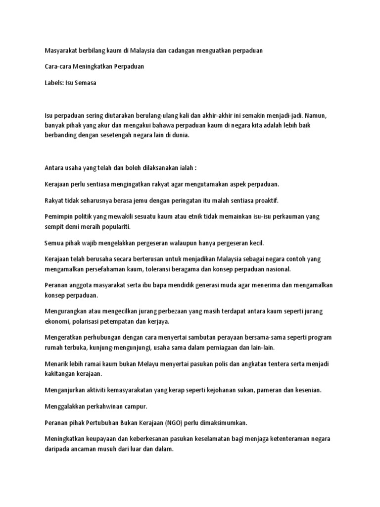 Cadangan Bagi Mengukuhkan Interaksi Antara Kaum Di Malaysia Voooty
