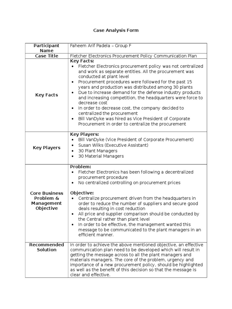 Case Analysis Form - Fletcher Electronics | PDF | Procurement | Economies