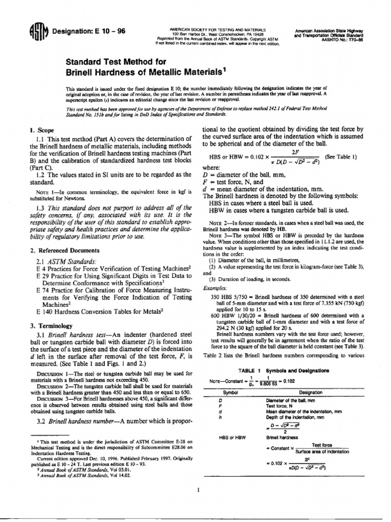 E 10 Brinell Hardness of Metals PDF
