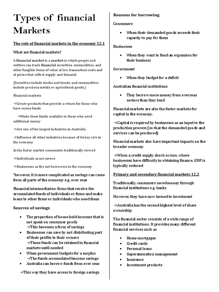 Types of Financial Markets PDF Financial Markets Mortgage Loan