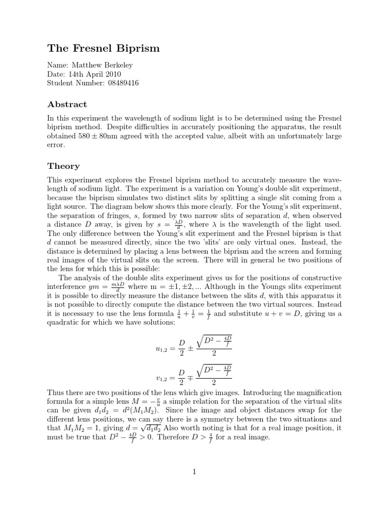 Measuring Sodium Light Wavelength with Fresnel Biprism | PDF ...