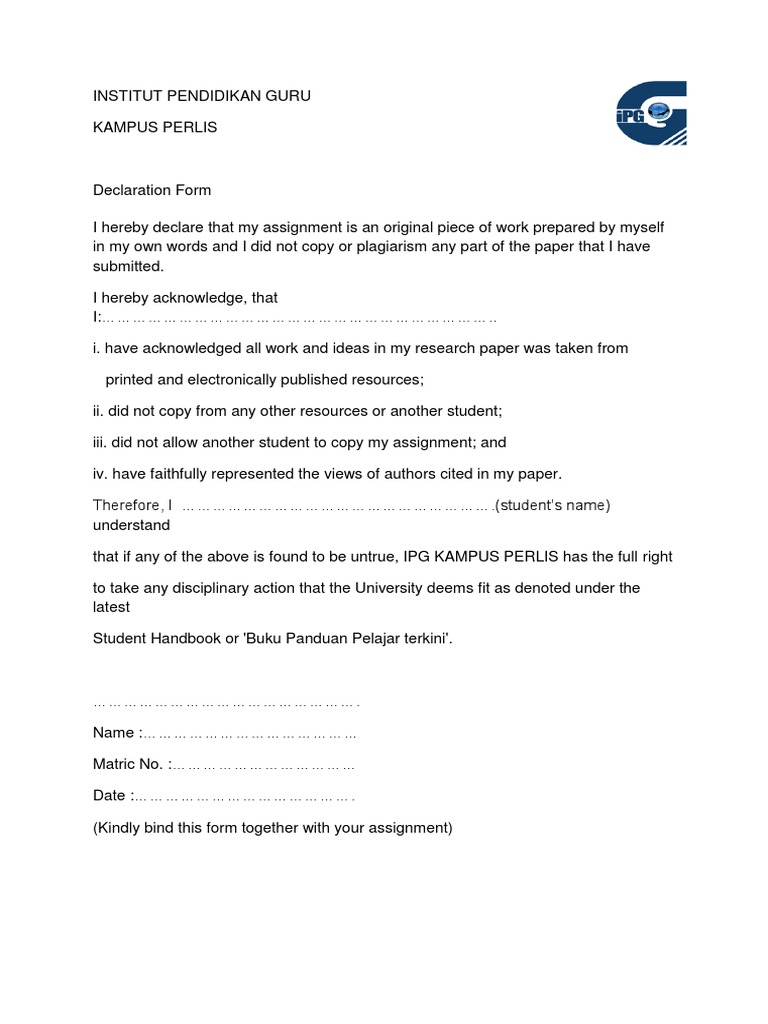 Contoh Deklarasi Kerja Kursus Ipg Versi Bahasa Inggeris