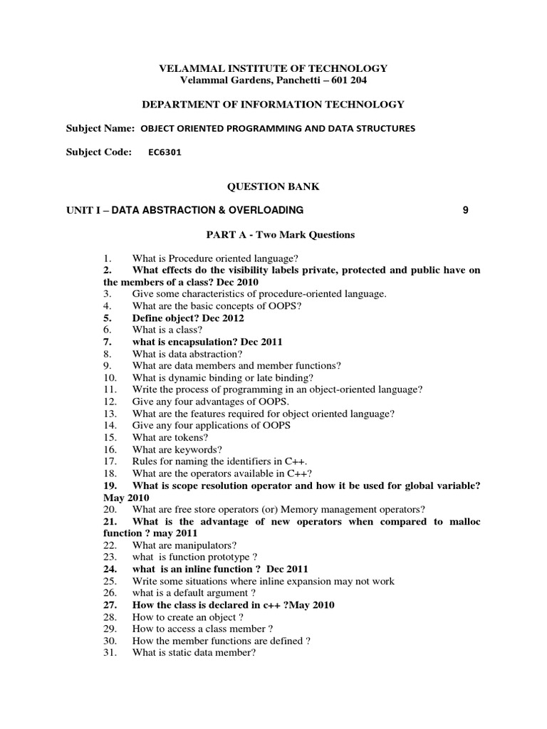 OOP and Data Structures Question Bank | PDF | C++ | Constructor (Object ...