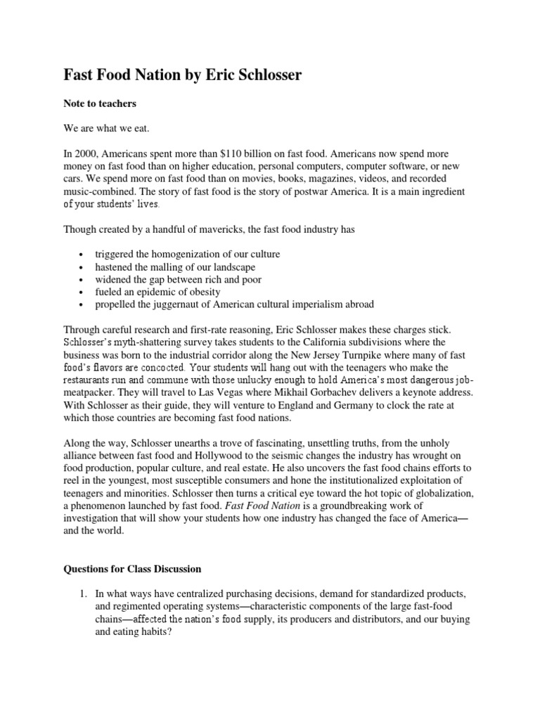 Fast Food Nation by Eric Schlosser Discussion Questions PDF Fast