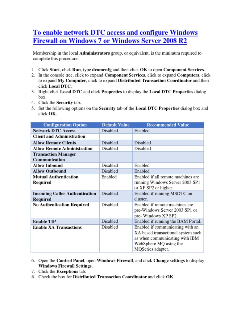 Enable DTC & Configure Firewall Win7/2008 | PDF