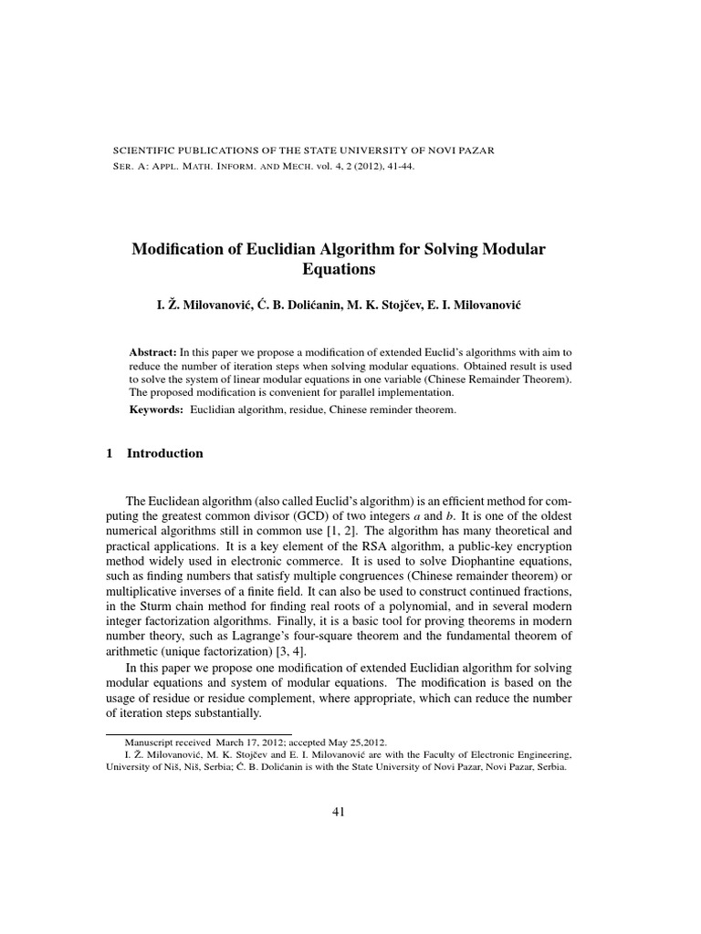 Modified Euclidean Algorithm for Modular Equations | PDF | Teaching ...