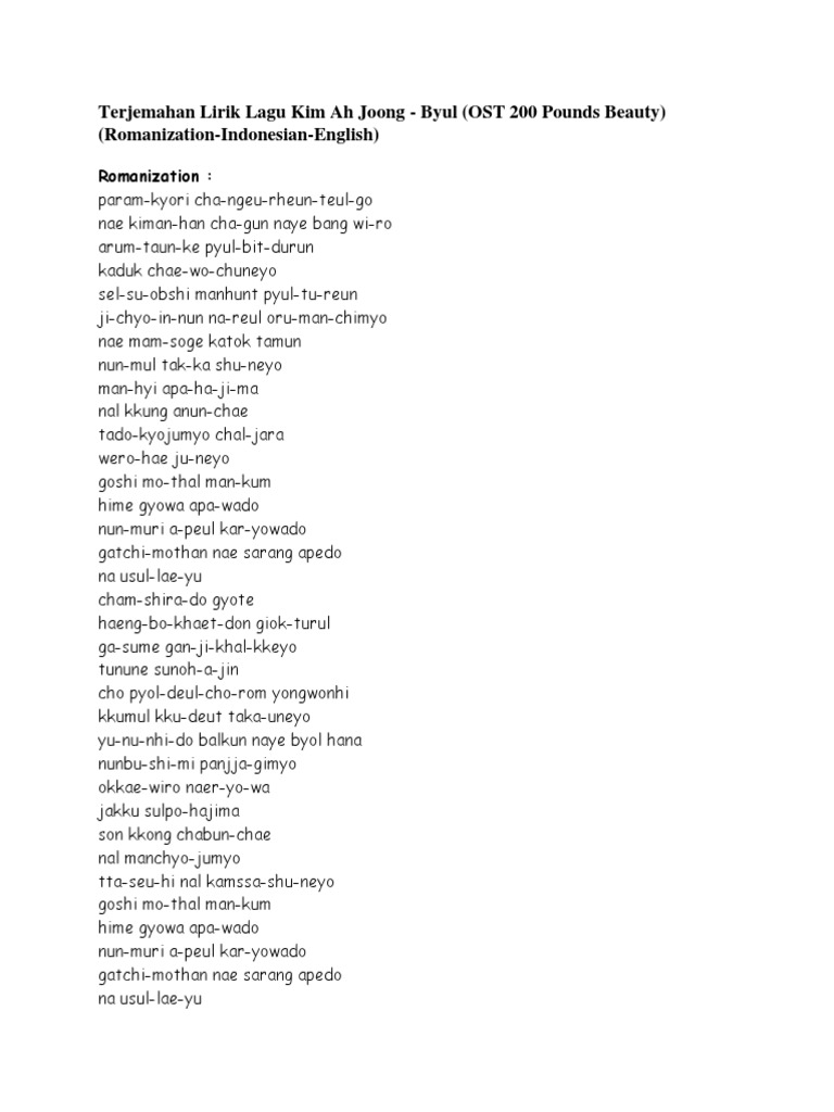 Kim Ah Joong Byul Korean Indonesian English Lyrics Pdf Bahasa