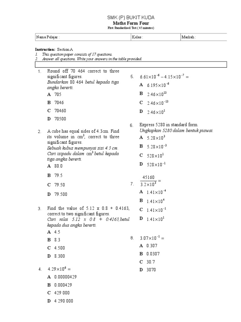 Maths Form Four: Instruction: Section A | PDF
