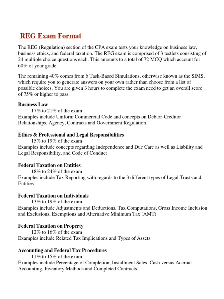 REG Exam Format - CPA | PDF | Certified Public Accountant | Taxes