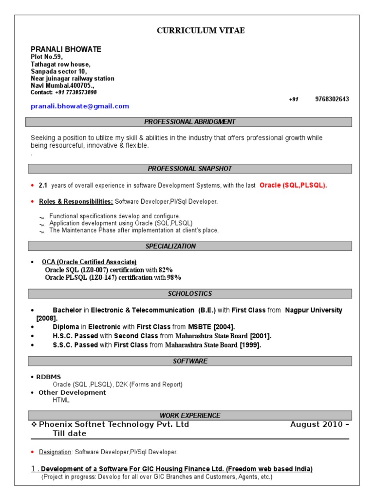 sample resume for plsql developer