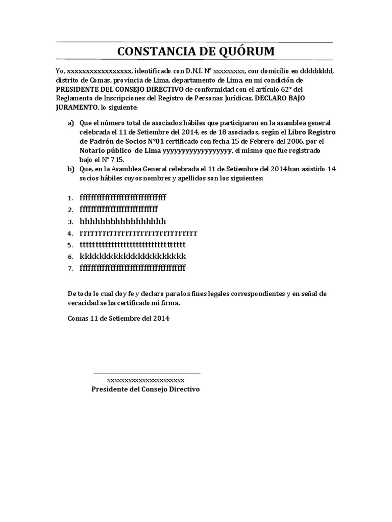 Constancia de Quórum de Asamblea | PDF | Gobierno