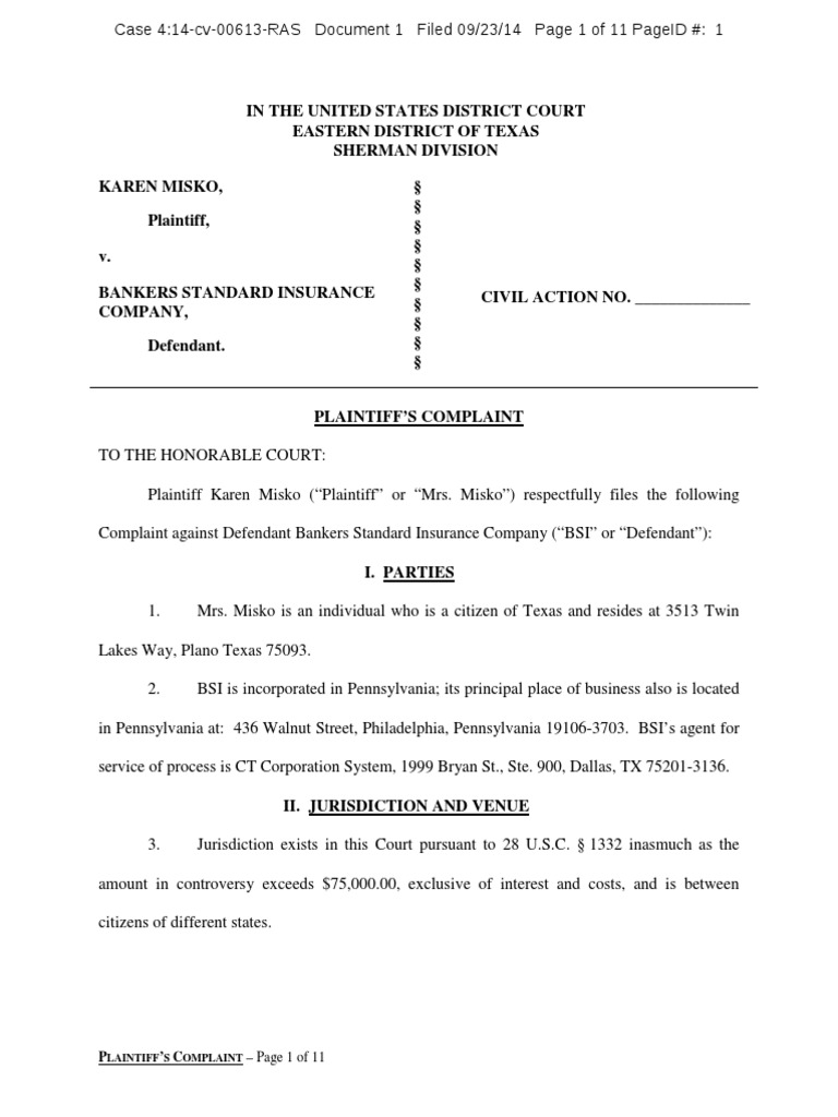 MISKO v. BANKERS STANDARD INSURANCE COMPANY Complaint PDF Damages