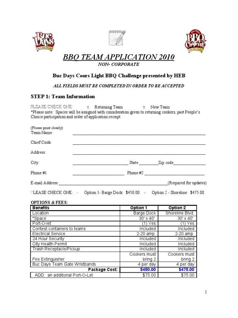 BBQ Team Application Non-Corp 2010 | PDF | Indemnity | Credit Card