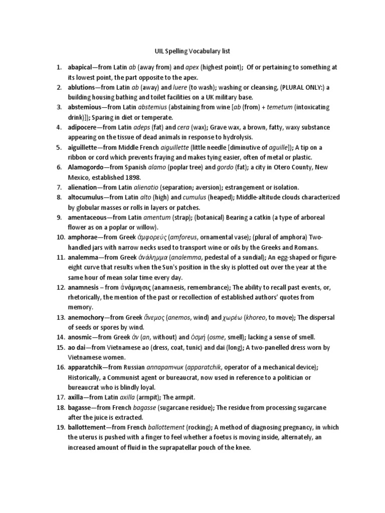 UIL Spelling Vocabulary List 2014 PDF Excalibur
