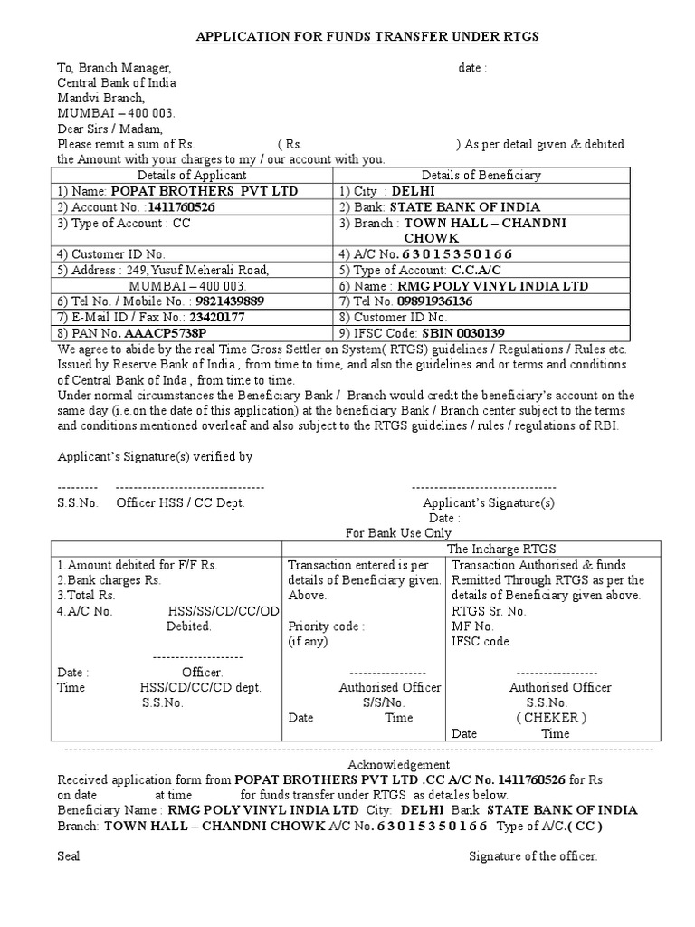 RTGS Funds Transfer Application Form | PDF | Financial Institutions And ...