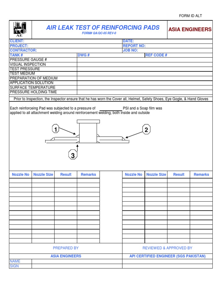 Air Leak Test Of Reinforcing Pads Asia Engineers
