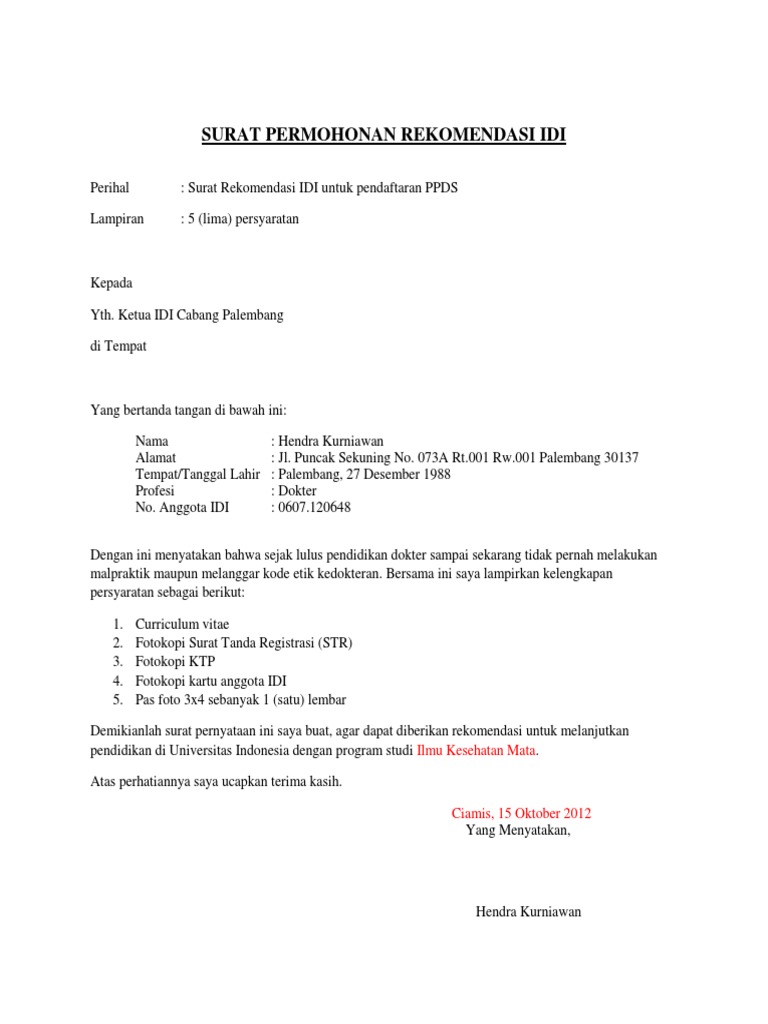 Format Surat Permohonan Rekomendasi Idi Format Surat Permohonan Rekomendasi Idi