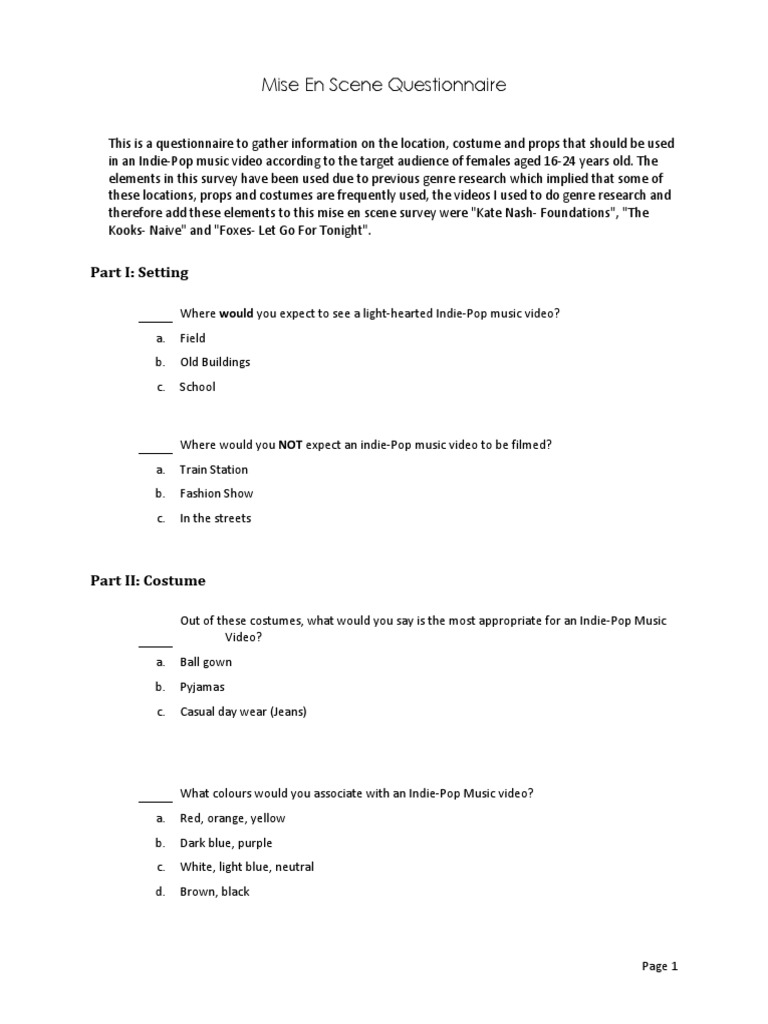 Indie-Pop Music Video Mise En Scene Survey | PDF | Art
