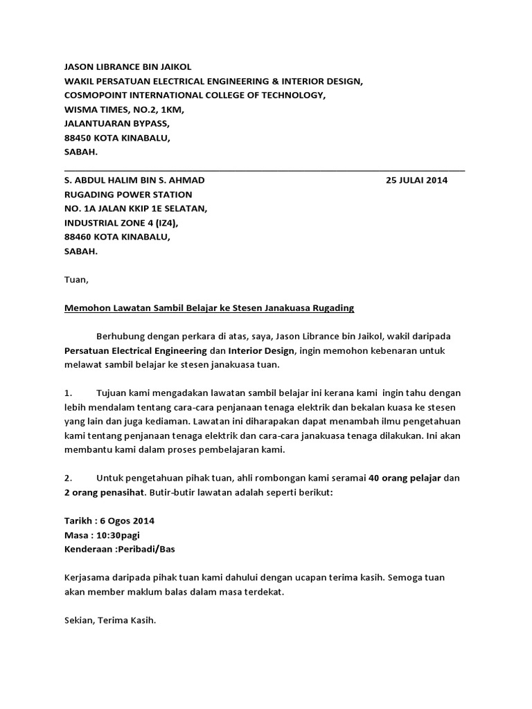 Permohonan Lawatan ke Stesen Janakuasa | PDF