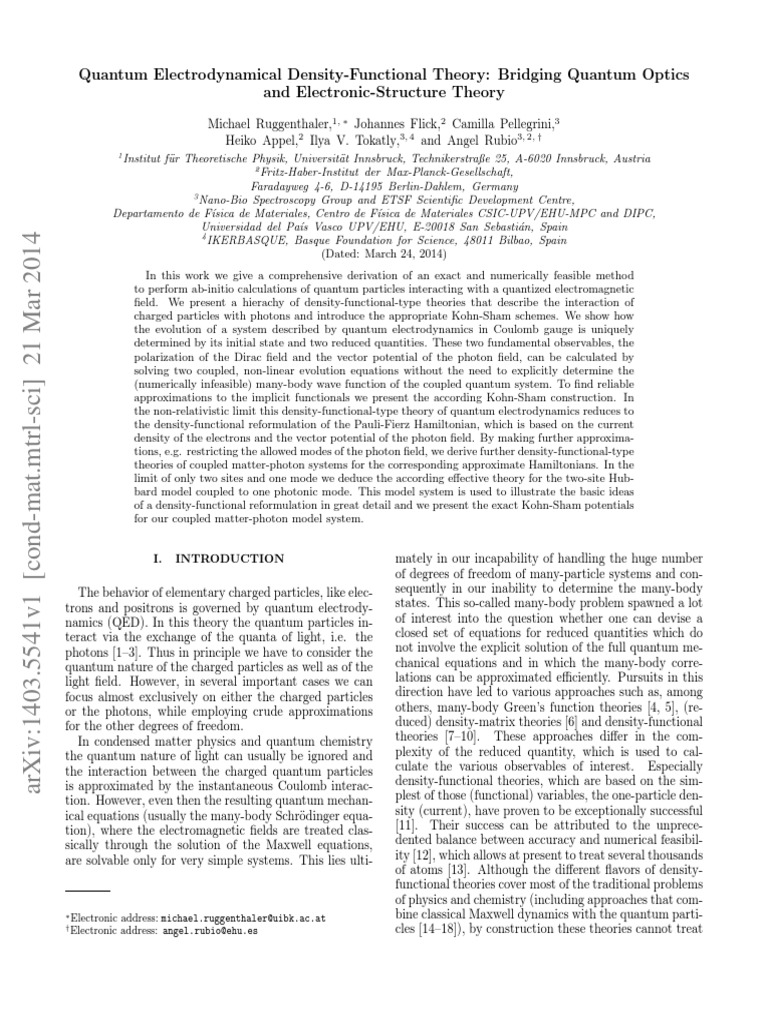 Quantum Electrodynamics Density Functional Theory | PDF | Quantum ...