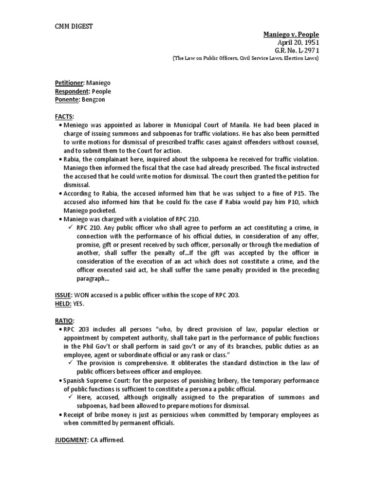 Maniego v. People (The Law On Public Officers, Civil Service Laws