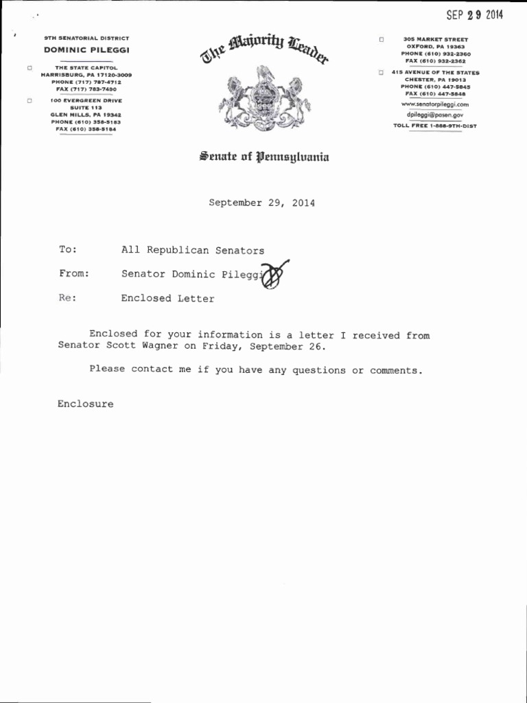 Memo From Pileggi To All Republican Senators Re Leader Letter 9.29.14 1 ...