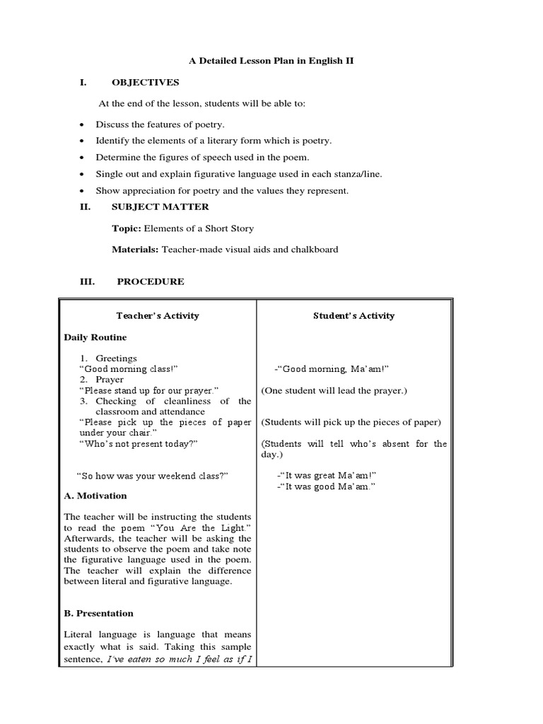 A Detailed Lesson Plan in English II I. Objectives | PDF