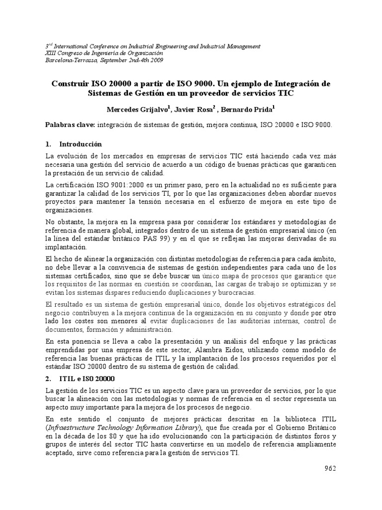 Construir ISO 20000 A Partir de ISO 9000. Un Ejemplo de Integración de ...