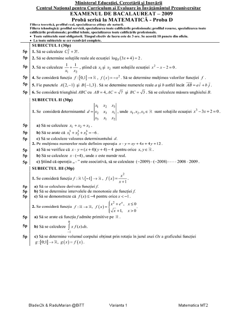 Variante Matematica BAC 2014 | PDF