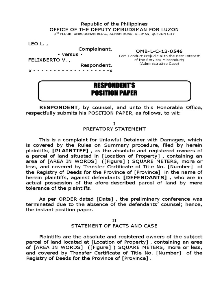 Respondent S Position Paper Respondent By Counsel And Unto This