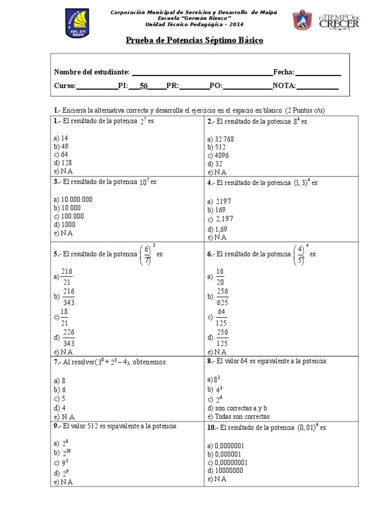 Prueba De Potencias Séptimo Básico Pdf