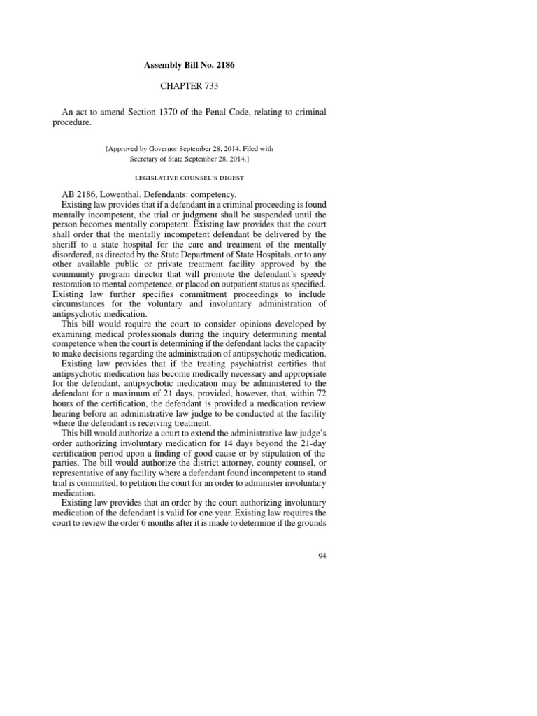 Assembly Bill No. 2186 Legislative Counsel's Digest PDF Psychiatry Competence (Law)