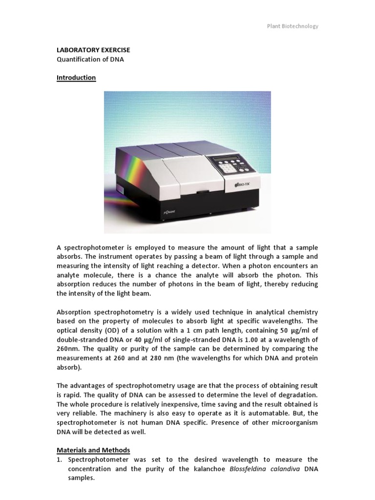 Quantification of DNA PDF Spectrophotometry Physical Chemistry