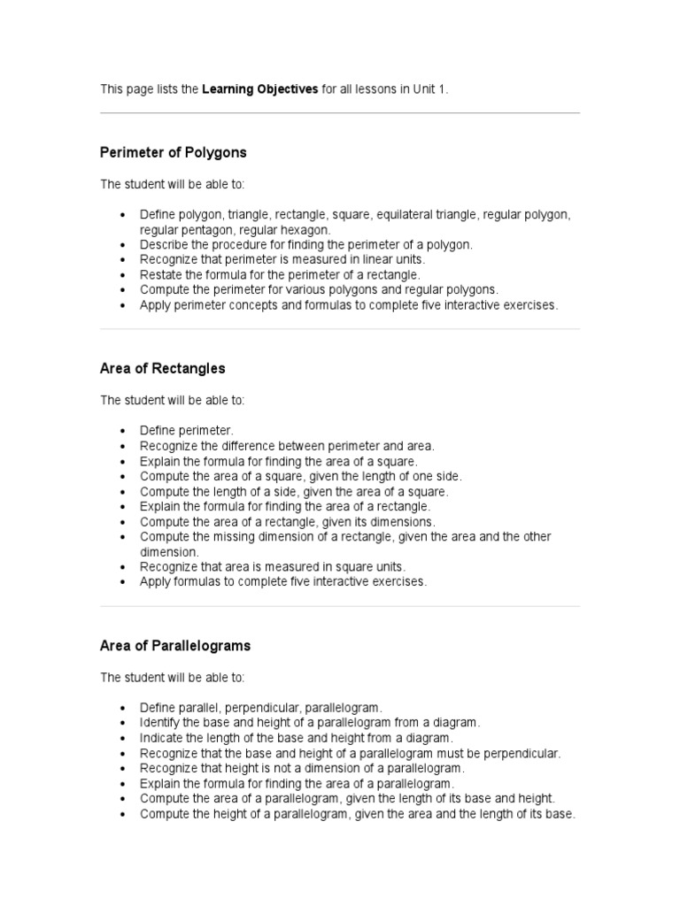 Unit 1 Geometry Learning Objectives | PDF | Language Arts & Discipline ...