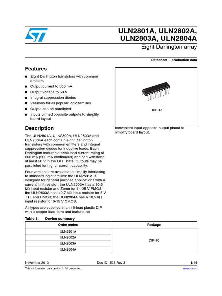 DIP-18 ULN2803A ST Microelectronics High Voltage//Current Darlington Array