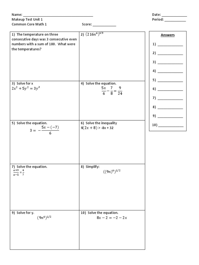 Common Core Math 1 Makeup Test | PDF | Teaching Methods & Materials